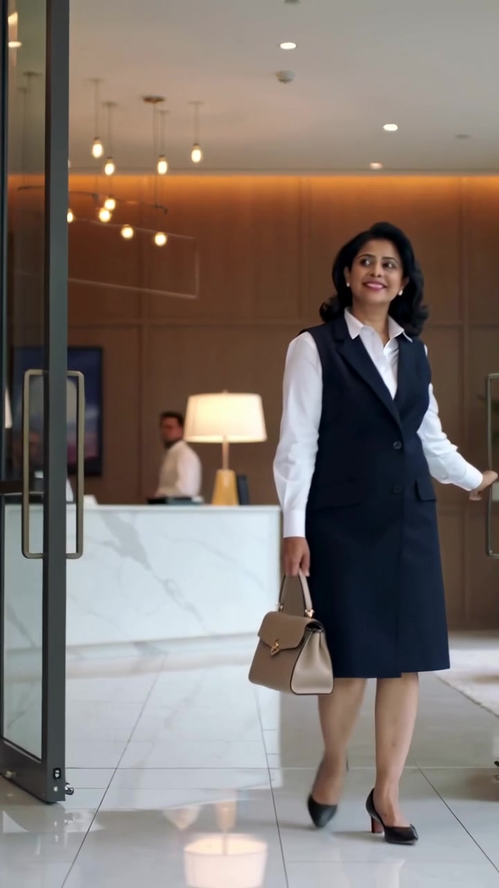 Video verticale: Aprendo le porte, una donna indiana in abito blu scuro entra nella hall verso la reception, tenendo una borsa.