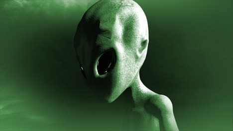 3d cgi mid-shot pushing in to a close-up left profile of a classic, shiny-skinned roswell grey alien looking eeire and menacing, in an ominous swirling cloud of mist, with grey and green color tint