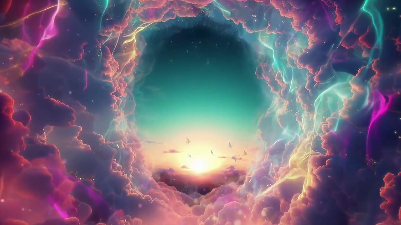 Scena video surreale di un cielo colorato e vorticoso da una bassa angolazione, che evoca la fantasia