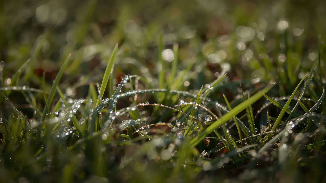 Adjusting camera focus, dewy grass clump catching backlight at yard, revealing morning dew