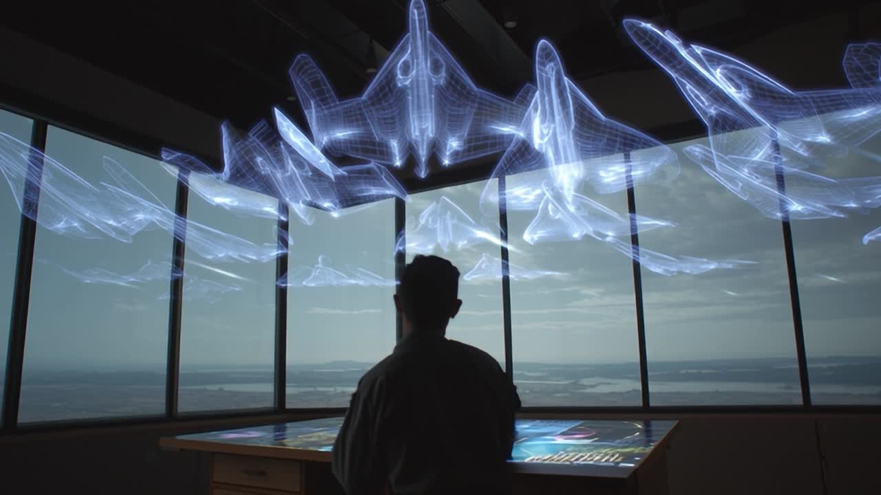High-tech interactive display showcasing aircraft in a modern setting