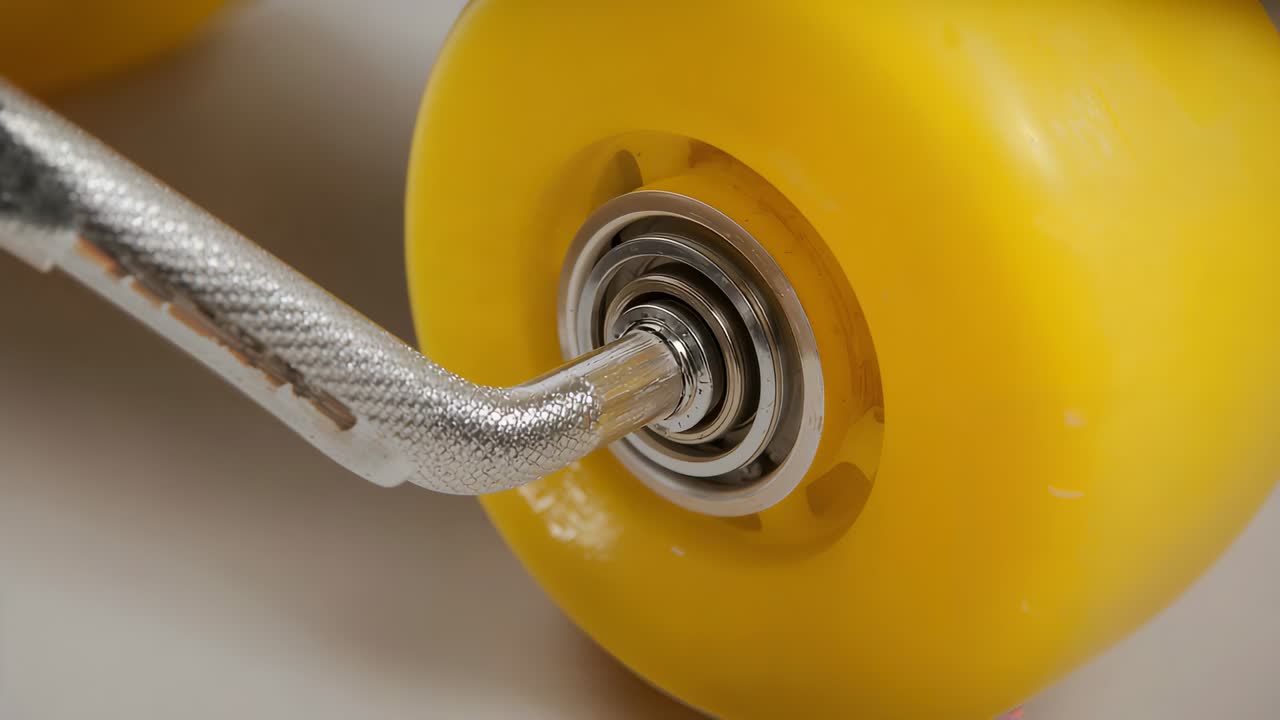 Camera shifting showing yellow wheel rotating slightly on light workbench with metal axle bearing