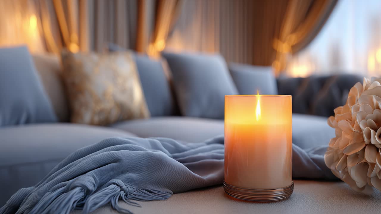 Un coin douillet : un salon joliment aménagé avec des rideaux bleus doux, une lumière chaleureuse de bougies et une élégante décoration florale, parfait pour la détente et le confort.