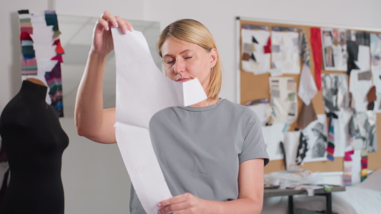 Female pattern designer carefully observing paper pattern while standing inside bright creative workspace, lowering it to make eye contact with camera, surrounded by inspiration boards