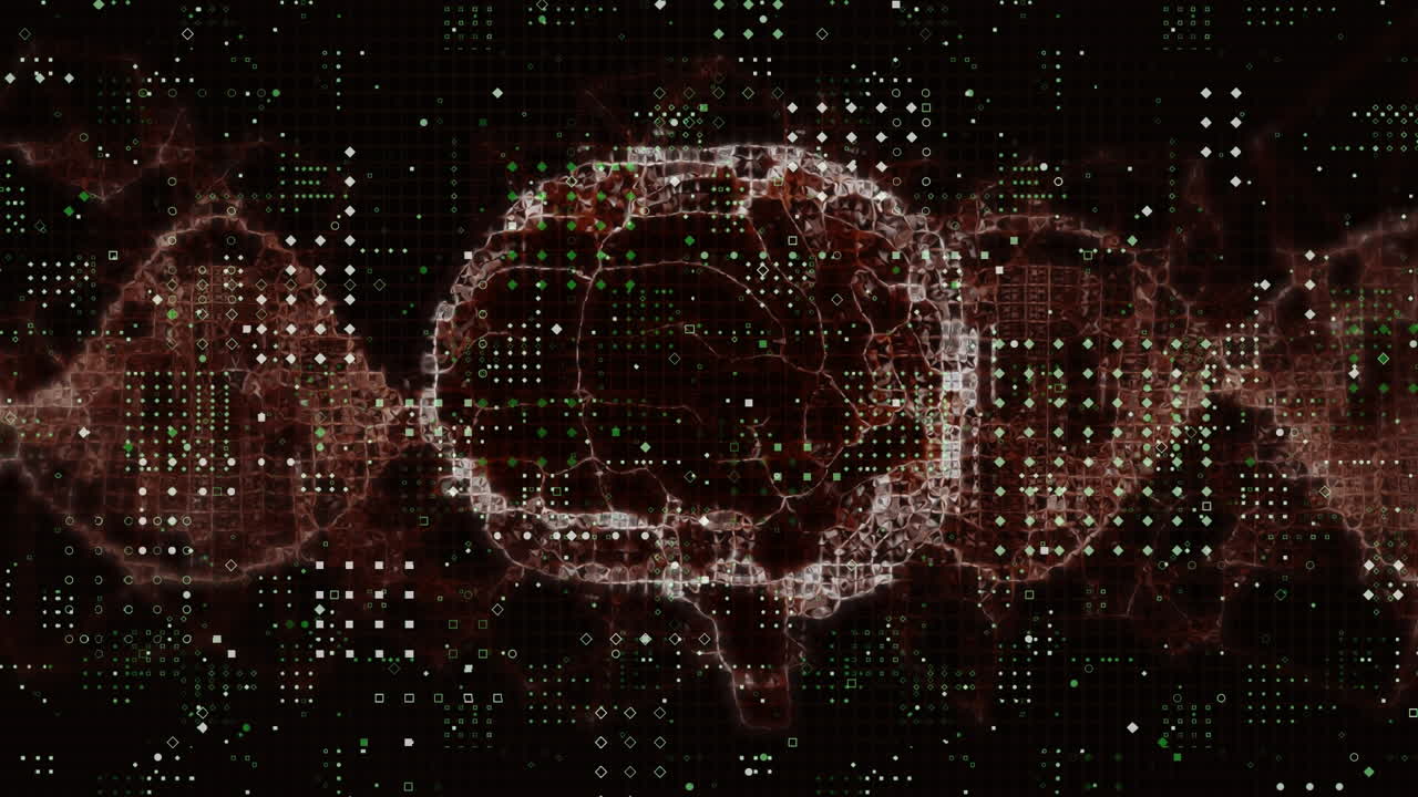 Animation of human brain, dna strand spinning with rows of white dots