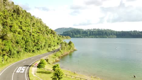 Blue-lake,-palm-forest-road-and-tourist-on-paddle-bord-4k-drone-shot-in-New-Zealand