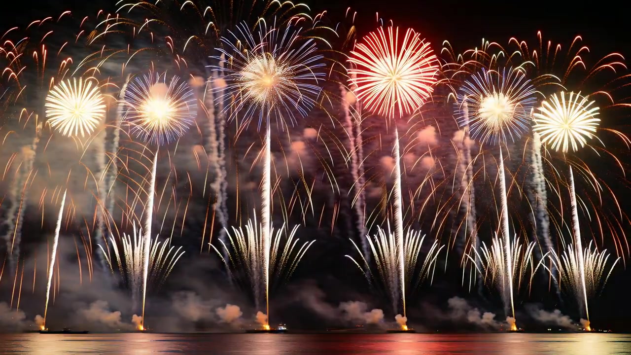 夜、湾の上空に花火玉と噴水花火を打ち上げる花火船。色が水面に反射し、フィナーレを盛り上げる。