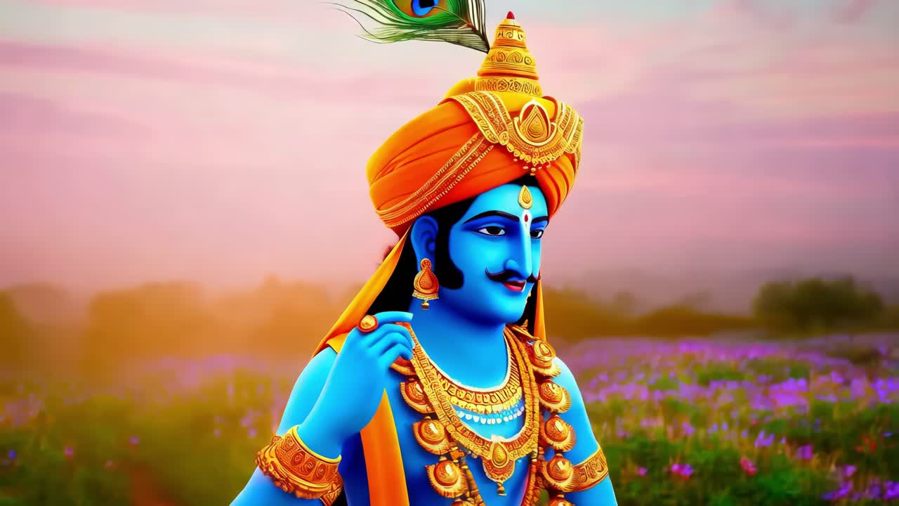 el señor krishna en un campo de flores