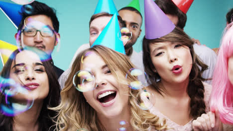 Multi-racial-group-of-happy-people-dancing-with-bubbles-slow-motion-party-photo-booth