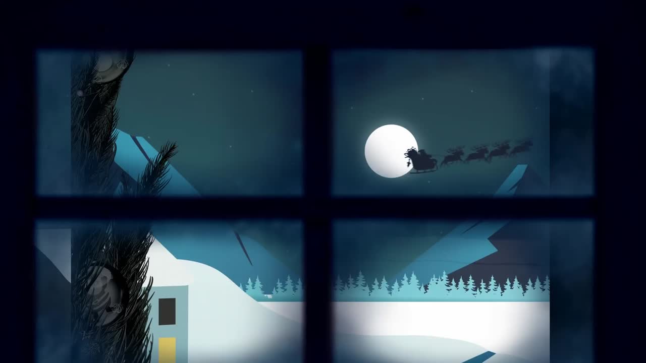 Window frame over santa claus in sleigh being pulled by reindeers against night sky