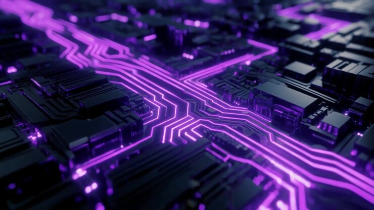 Scheda di circuito digitale astratta con flussi di dati viola luminosi