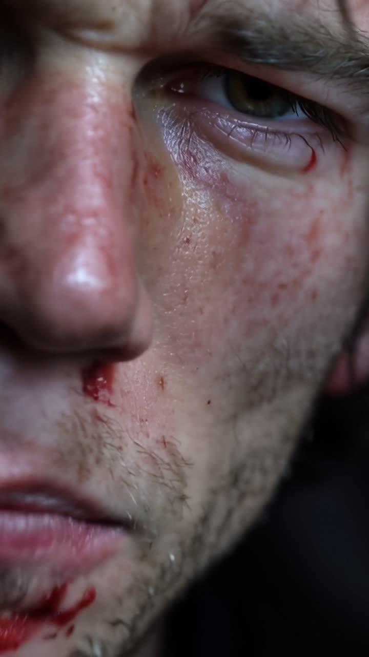 Sangue gli riga il viso, gli occhi intensi e stanchi. Mostra dolore, spossatezza e tenacia dopo la lotta. L'illuminazione scura enfatizza una realtà cruda e martoriata. Perfetto per drammi intensi, guerra, sopravvivenza.