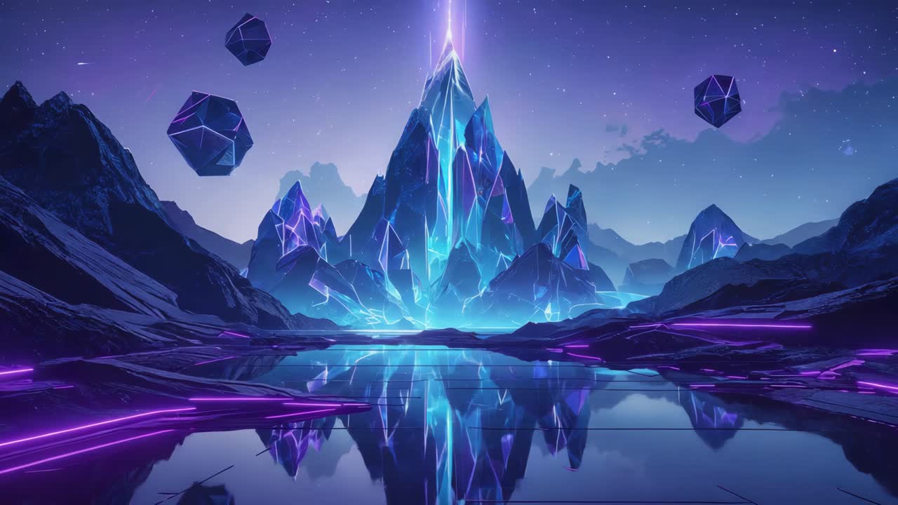 Futuristic Crystal Landscape with Mountains and Stars