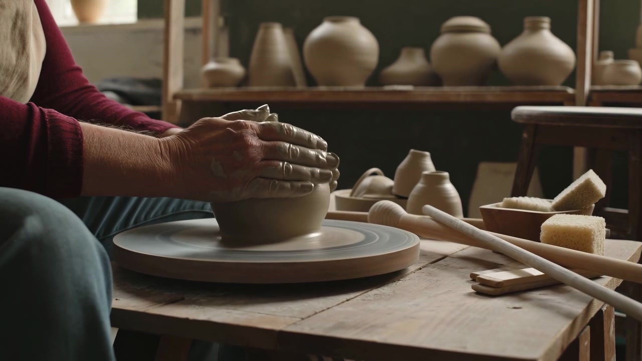 Primo piano delle mani di un vasaio sul tornio, mani che centrano e modellano un recipiente rotondo in un laboratorio rustico, utensili in legno.