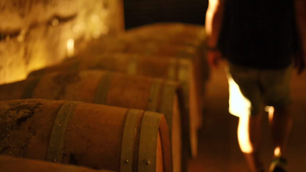 caminando por una bodega de vino débilmente iluminada