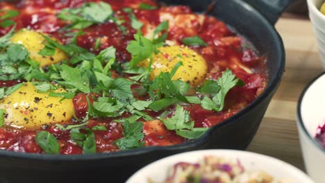 cocina israelí. shakshuka decorado con perejil de primer plano. plato nacional judío hecho de huevos fritos en salsa de tomate, pimientos picantes, cebollas y especias, cultura de oriente medio, chakchouka
