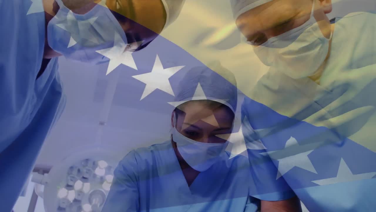 보스니아 헤르체고비나 발을 흔들고 병원에서 수술을 하는 외과 의사 팀 위에 있는 애니메이션