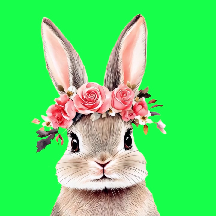 緑の背景に花の冠をかぶったかわいいウサギ