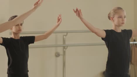 a group of young ballet students in black dancewear practicing positions in a spacious ballet studio with wooden flooring and wall-mounted barres. focused expressions and synchronized movements.