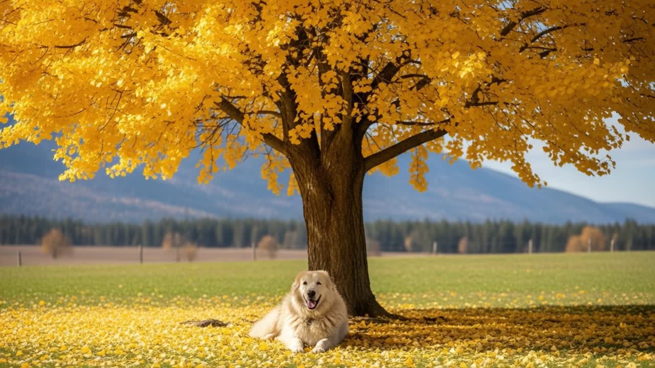 Golden Retriever che si Rilassano Sotto un Albero Giallo Vibrante in un Paesaggio Autunnale, Catturando l'Essenza della Bellezza e della Tranquillità dell'Autunno nella Natura
