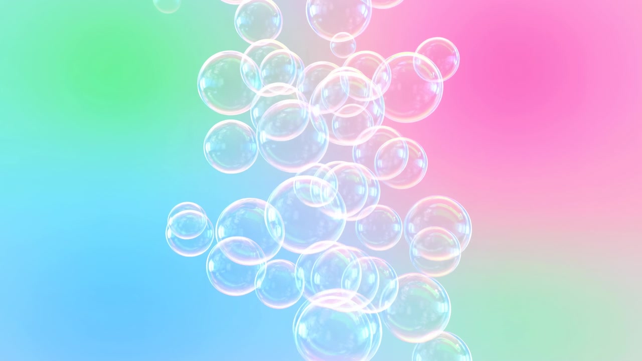 Pastel Gradient Floating Soap Bubbles Drifting Upward, Iridescent Highlights And Soft Bokeh, Gentle Slow