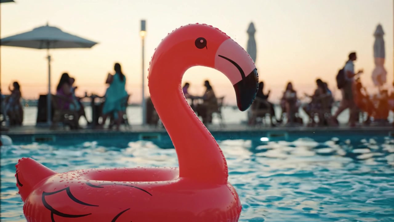 A Vibrant Sunset Pool Scene Featuring a Cheerful Pink Flamingo Float with Guests Relaxing and Enjoying the Warm Evening Atmosphere by the Water's Edge