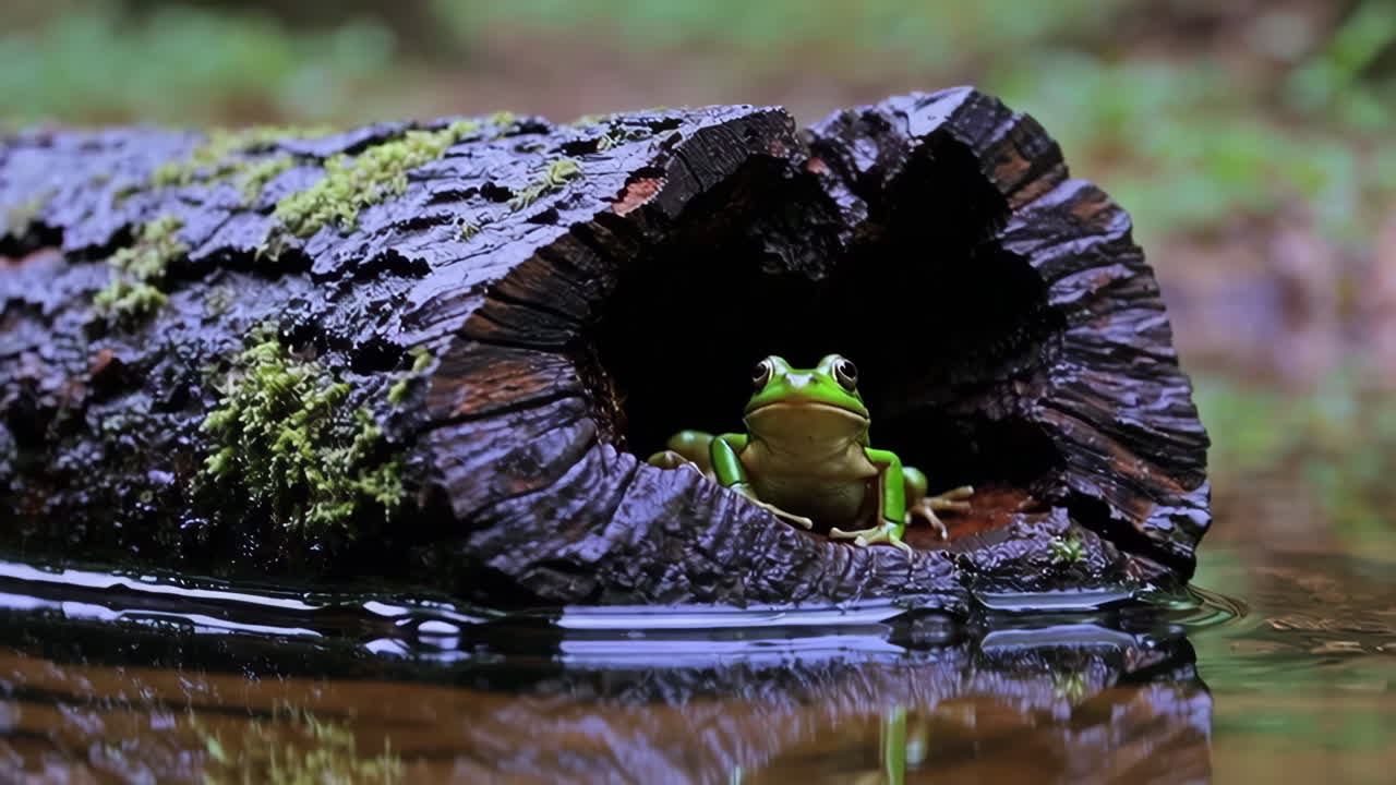 Green Frog in a Tree Trunk