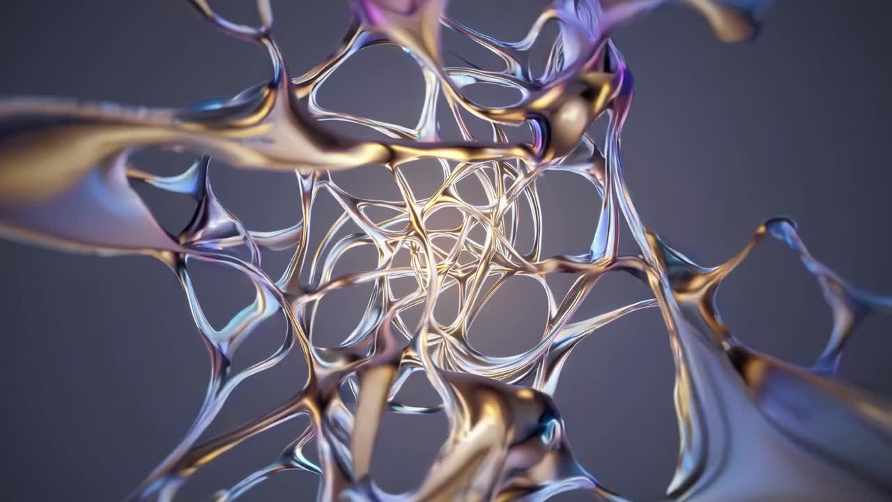 Abstract video with a close-up, top-down angle showing intertwined, glossy purple ribbons