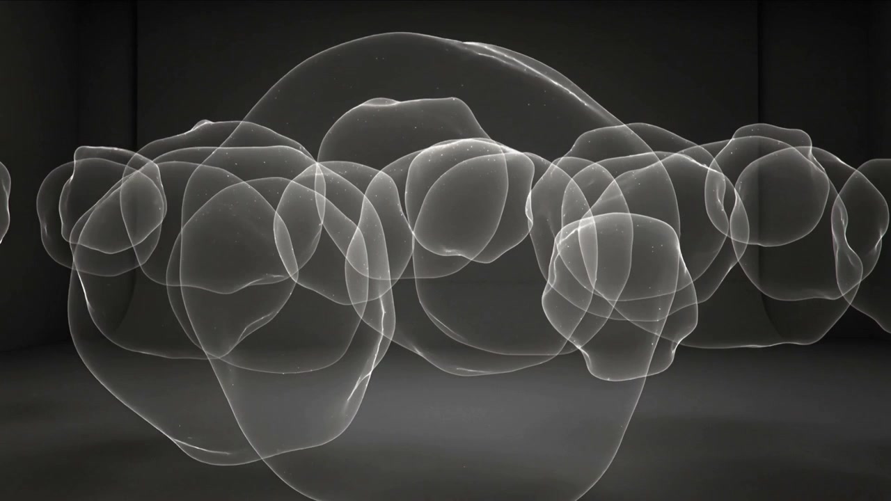 Starting expanding horizontal cluster of bubble-like membranes shifting and merging in dark chamber