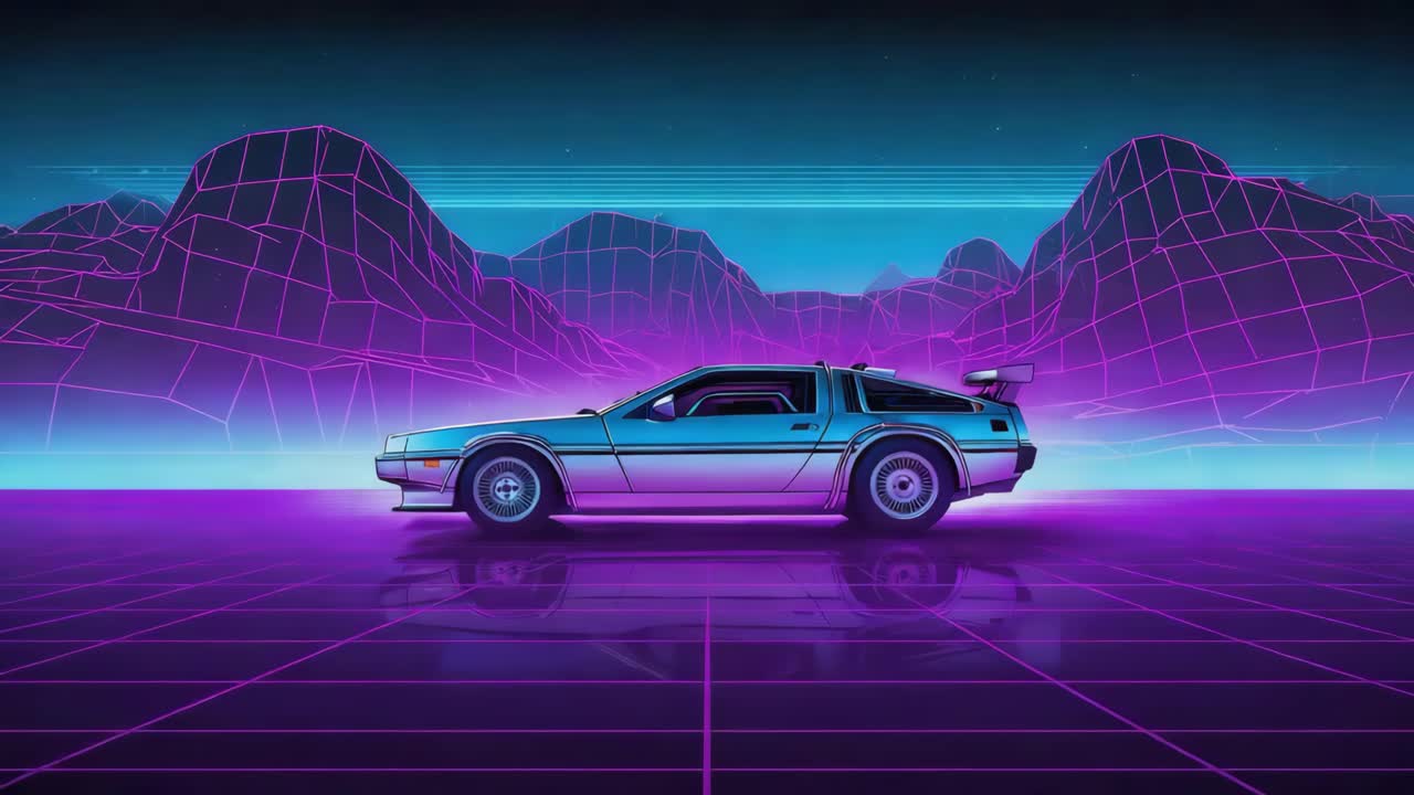 Auto DeLorean retrowave in un paesaggio a griglia al neon