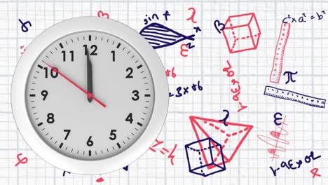 Clock-ticking-against-mathematical-equations-on-white-lined-paper
