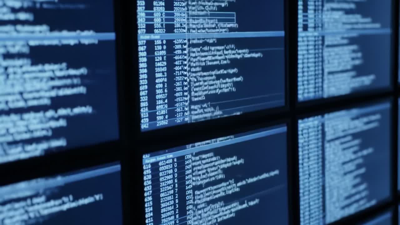 Multiple computer screens display lines of code and data in a tech workspace at night. The setting reveals an atmosphere of focused programming and digital processing amidst a dark environment.