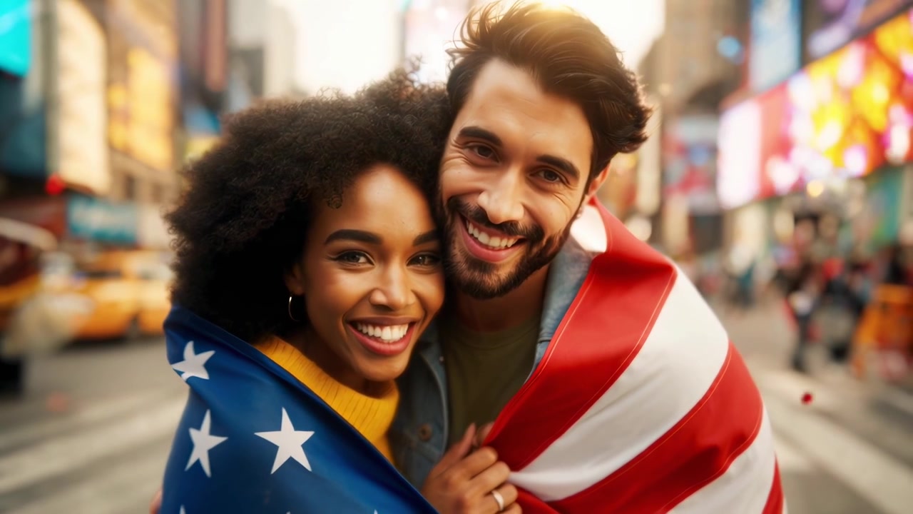 Coppia felice e diversificata avvolta nella bandiera americana in una strada cittadina