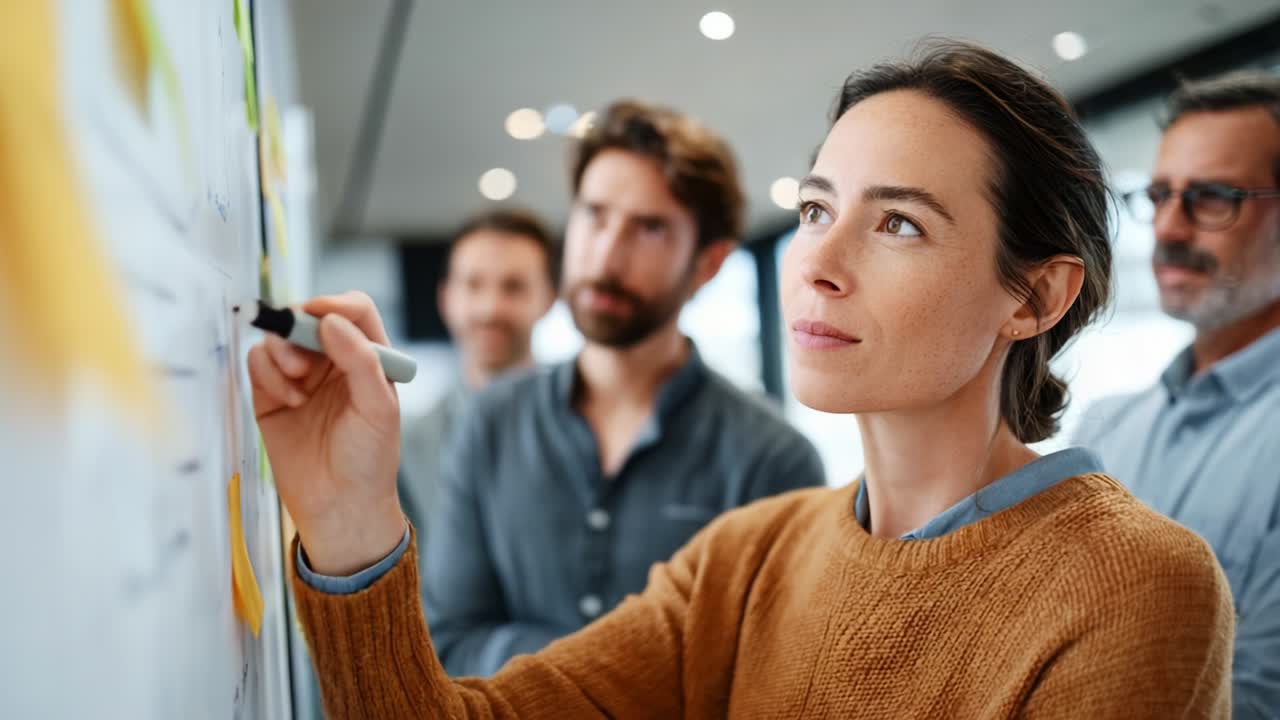 A group of professionals engaged in a collaborative brainstorming session, with a central focus on a woman writing on a whiteboard while her colleagues attentively observe and discuss ideas in a modern work environment