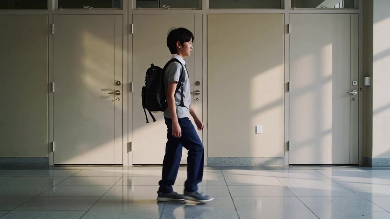 Alunno con maglietta grigia e pantaloni blu scuro che cammina nel corridoio della scuola, diretto in classe con lo zaino
