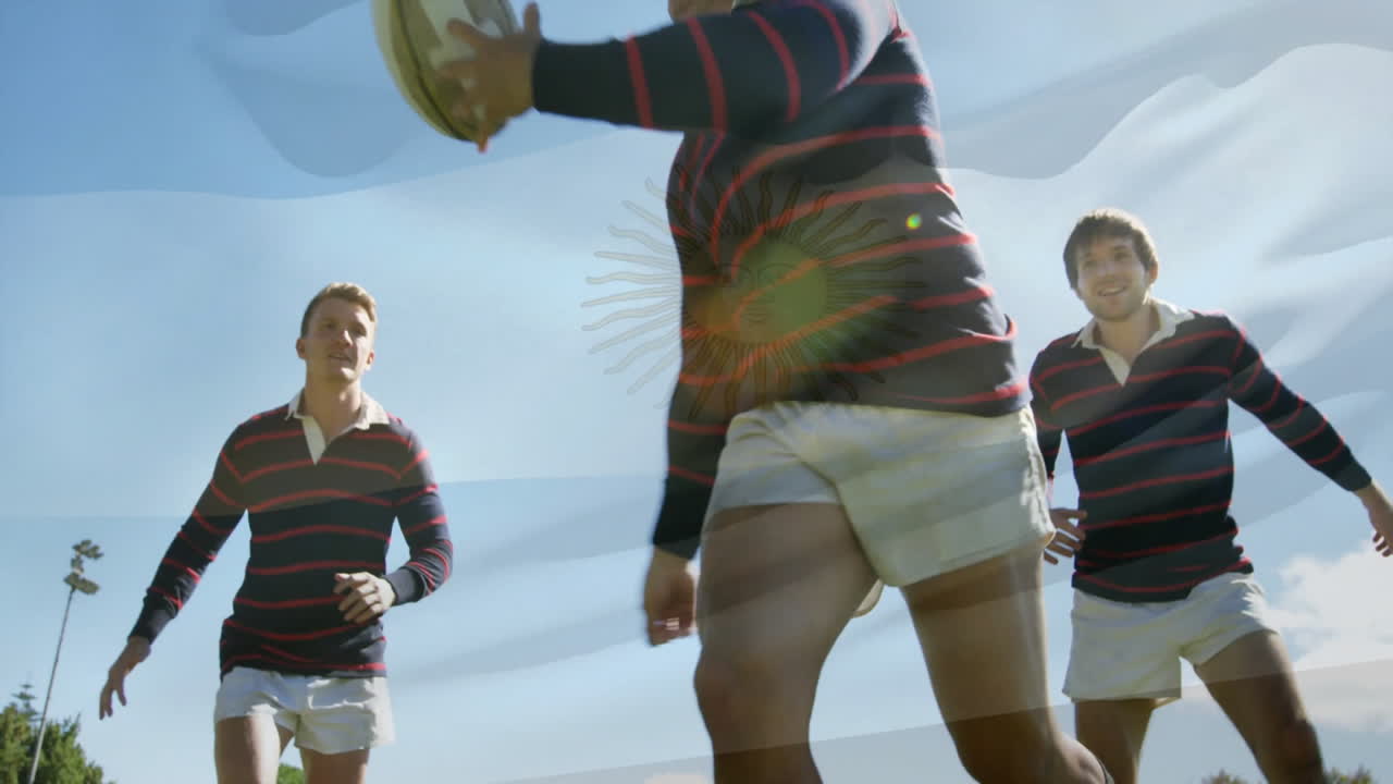 Running with Argentina flag overlay, rugby players in striped jerseys on field
