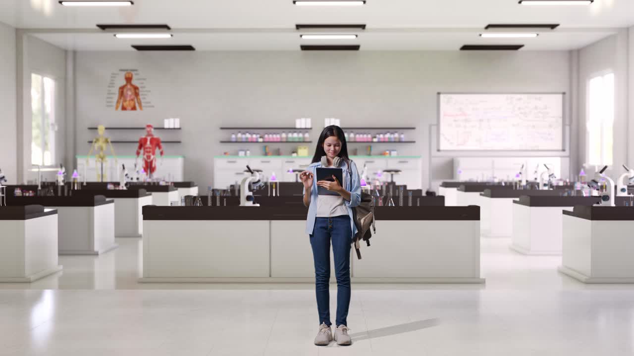 Full Body Of Asian Teen Girl Student With A Backpack Smiling And Using A Tablet While Standing In Science Laboratory