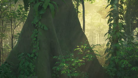 sunlight filtering through a dense jungle