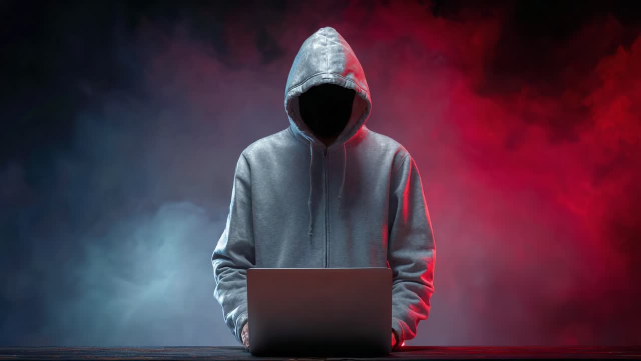 A Mysterious Figure in a Hooded Sweatshirt Engages in Computer Activity Amidst a Dark and Colorful Background of Smoke and Shadows
