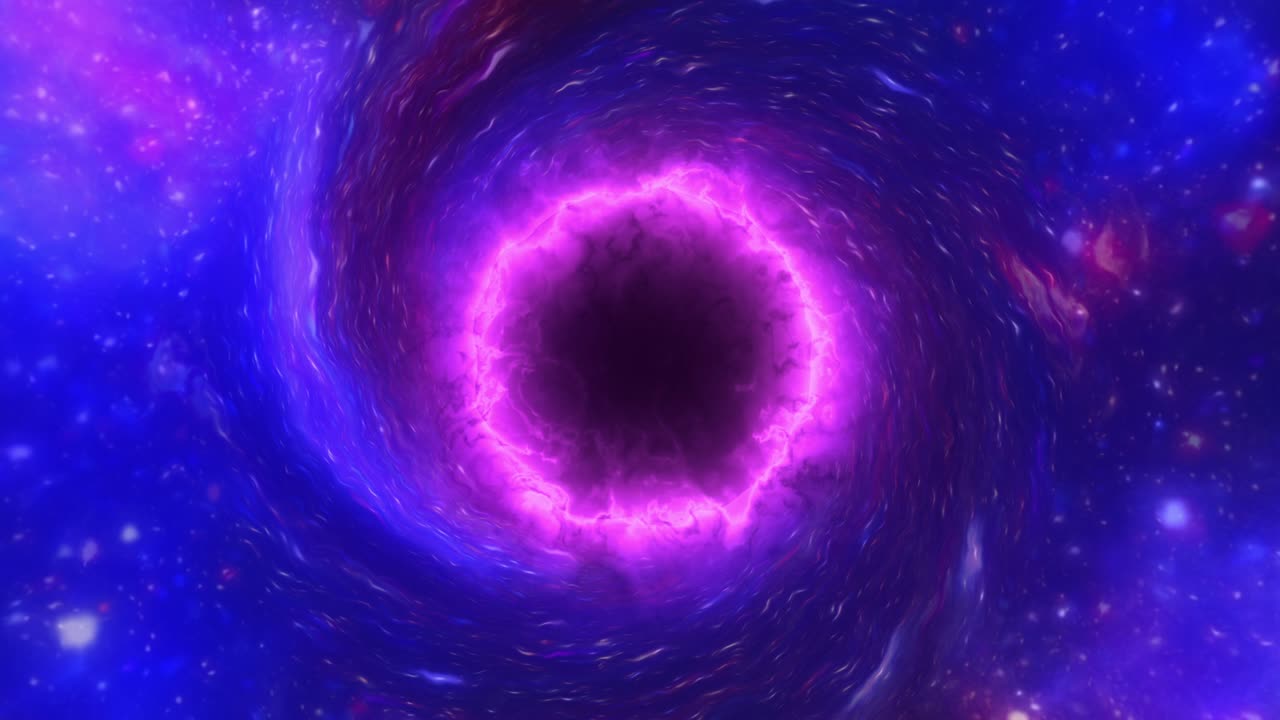 Abstract black blue purple energy black hole rotation animation on black. 4K 3D Glowing Burning Energy Fire Flame Vortex Cloud Cinematic. Sci-fi outer space rotating wormhole tunnel.