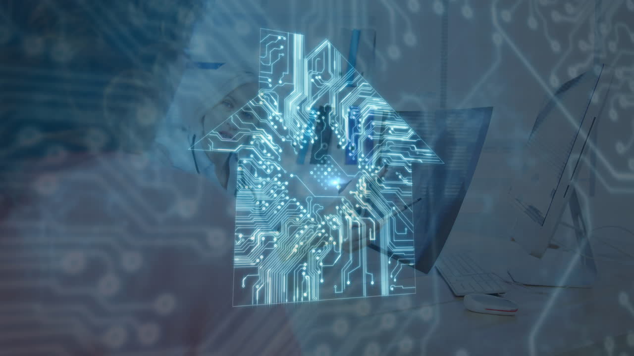 animación de la casa con placa de circuito de computadora sobre diversos médicos y pacientes