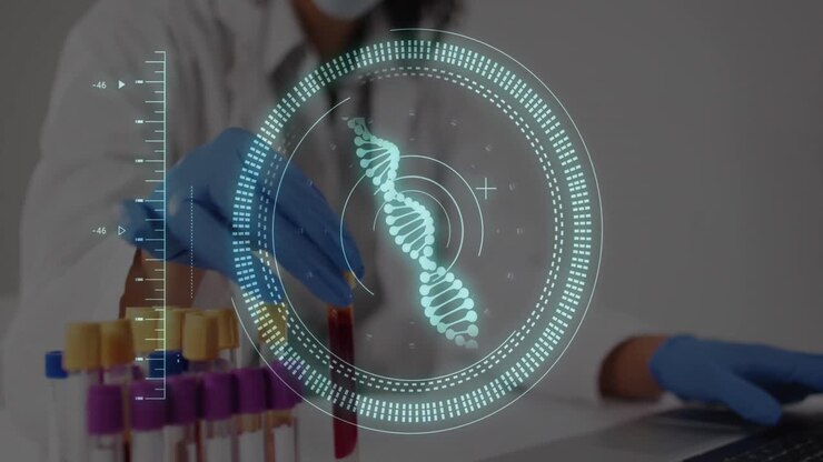 Animation of data processing and dna strand over biracial female doctor with test tubes