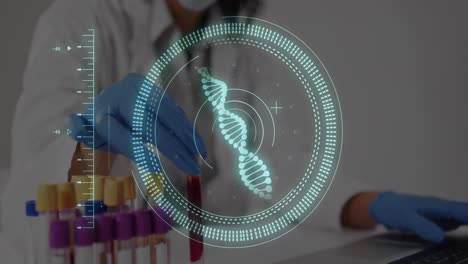 Animation-of-data-processing-and-dna-strand-over-biracial-female-doctor-with-test-tubes