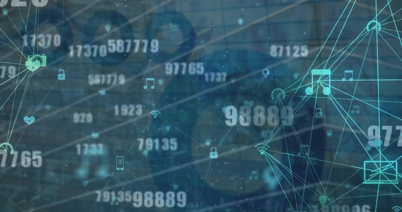 Animation of network of connections with icons and data processing over globe