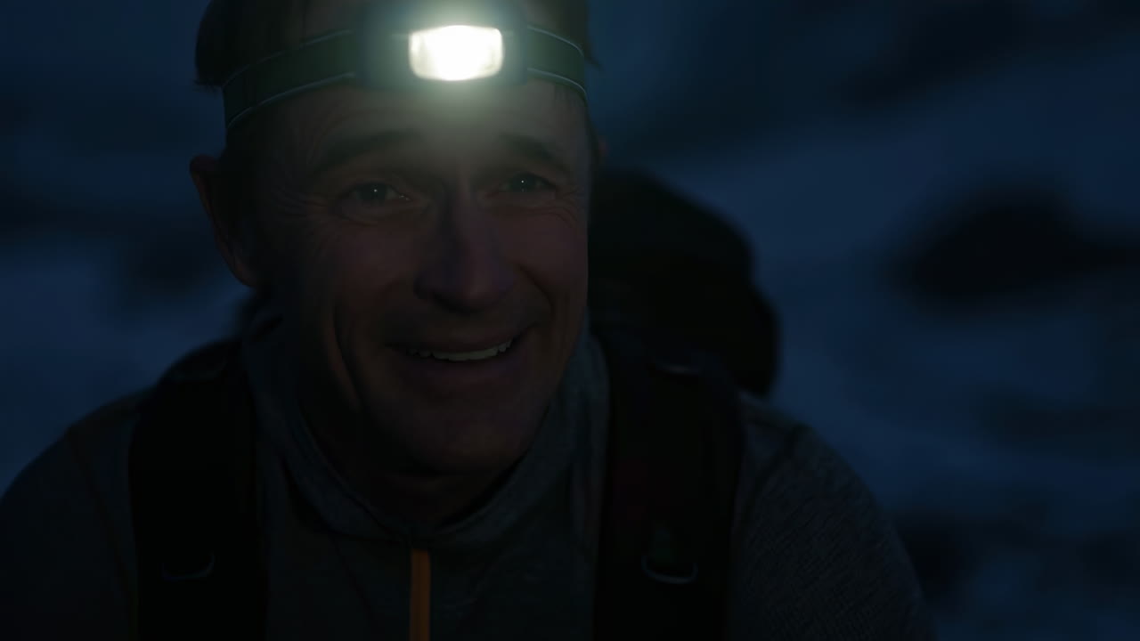 Aventurero feliz con linterna frontal en un oscuro paisaje invernal.
