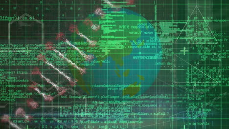 animation of spinning dna strand over data processing and globe