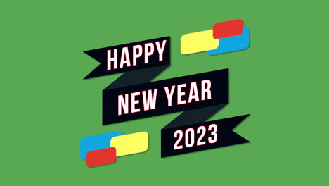 2023-and-Happy-New-Year-with-ribbon-and-colorful-shapes-on-green-gradient