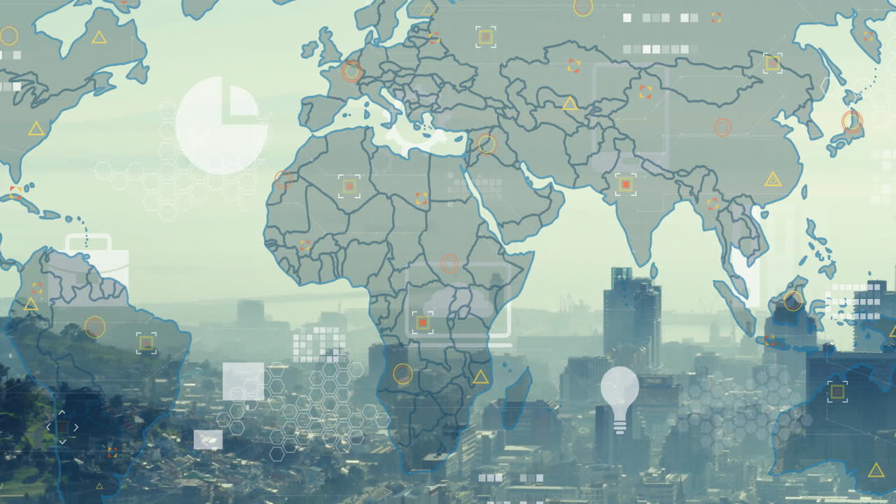 Animation of world map with data visualization over cityscape background