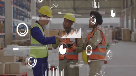 Animation of financial data processing over diverse people working in warehouse