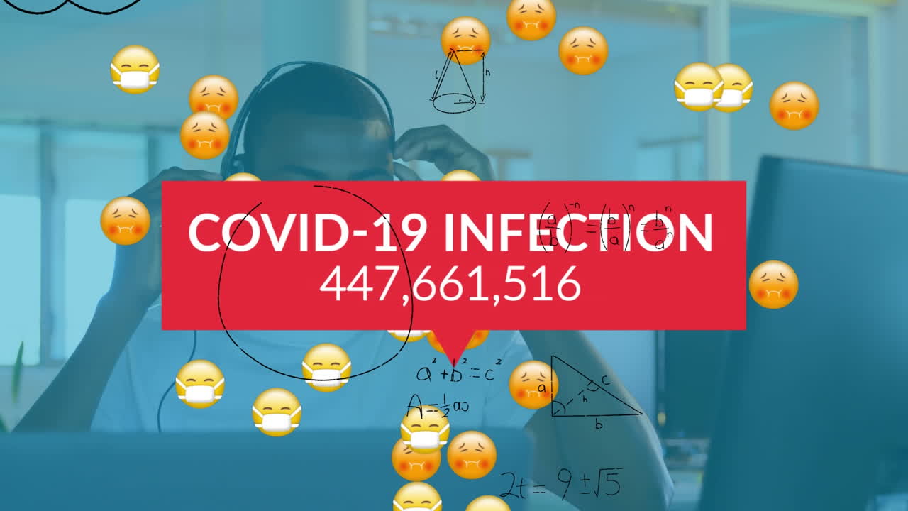 Animation of covid 19 data processing over multiple sick emojis with face masks over office